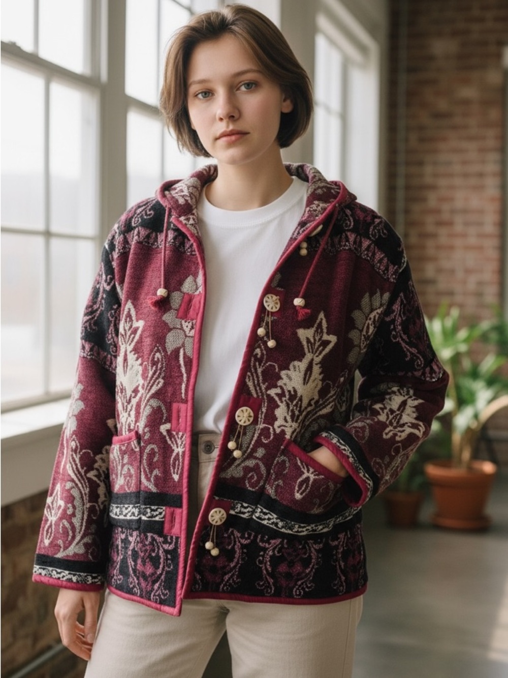 Woven Floral Teddy Jacket in Burgundy and Cream